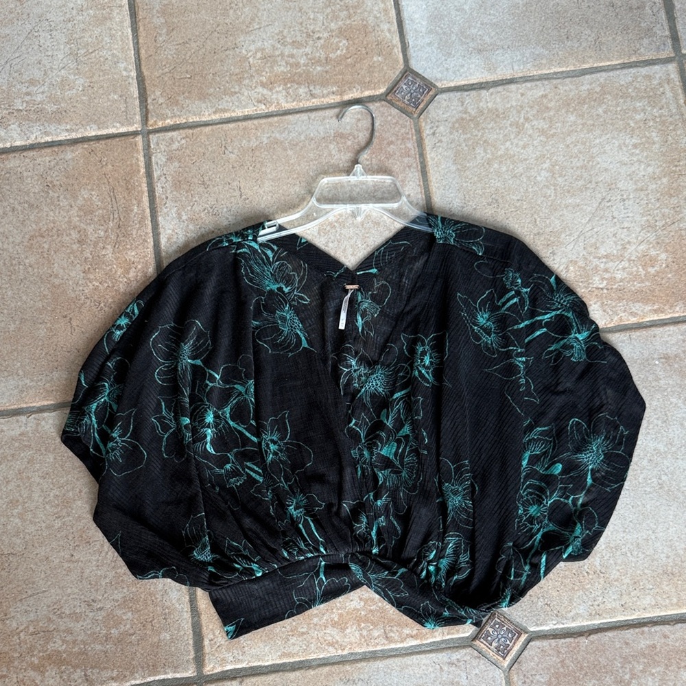 Free People Black and Aqua Floral Blouse
